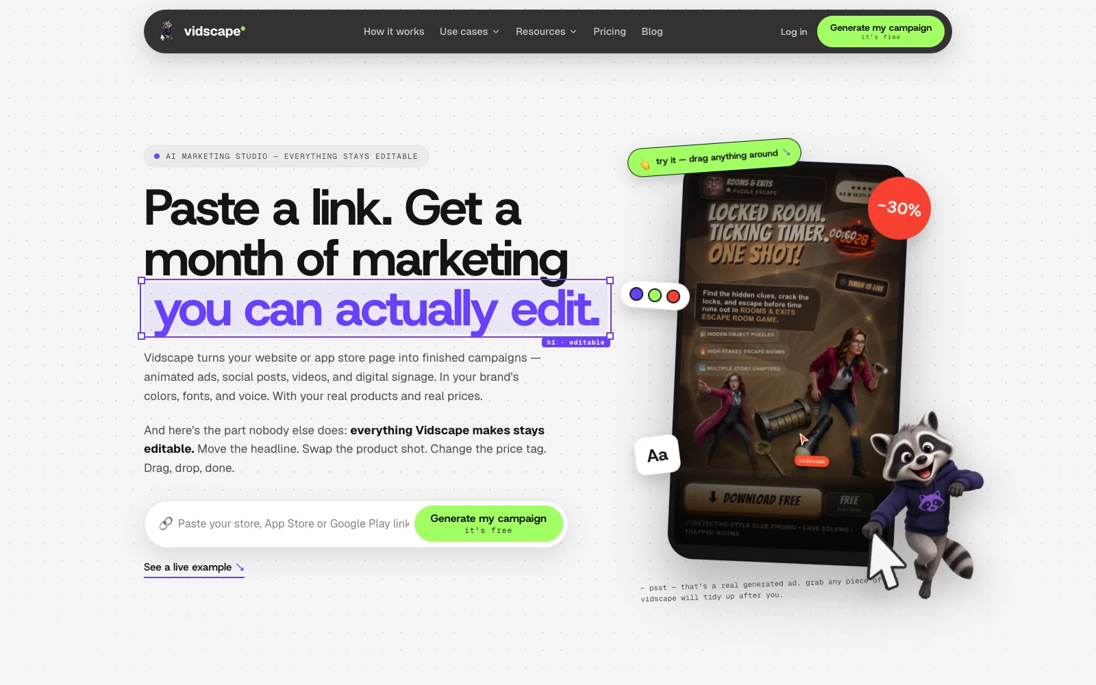 Vidscape homepage — paste a link, get a month of marketing you can actually edit
